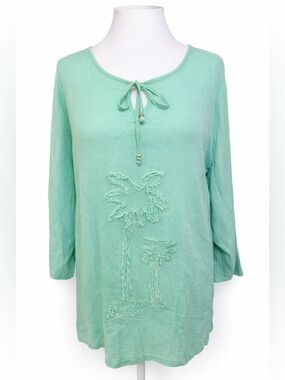 C.O. Daniels Coastal Grandma Tunic 2X Aqua Cotton Beachy Tie Neck Top